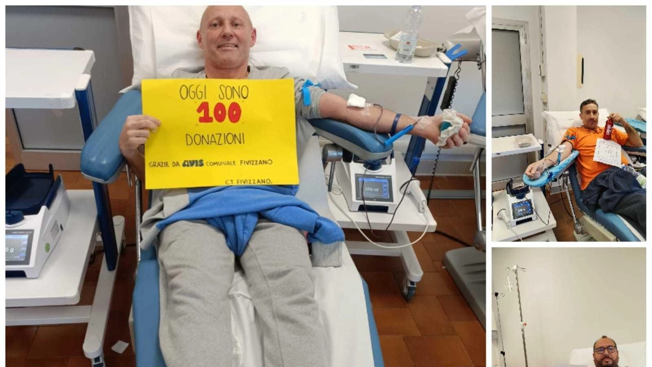 Damiano Micheli, già consigliere della sezione Avis di Fivizzano, al momento della centesima donazione del sangue nella sede locale