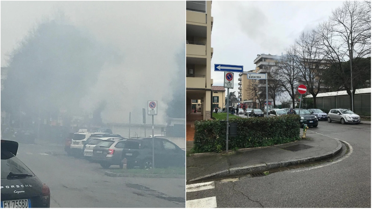 Due momenti dell'incendio ai giardini di via Marx a Prato