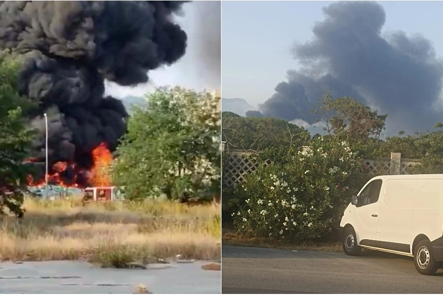 Due momenti dell'incendio: la zona dell'azienda in cui c'è stato il rogo (a sinistra) e la nuvola di fumo visibile da lontano