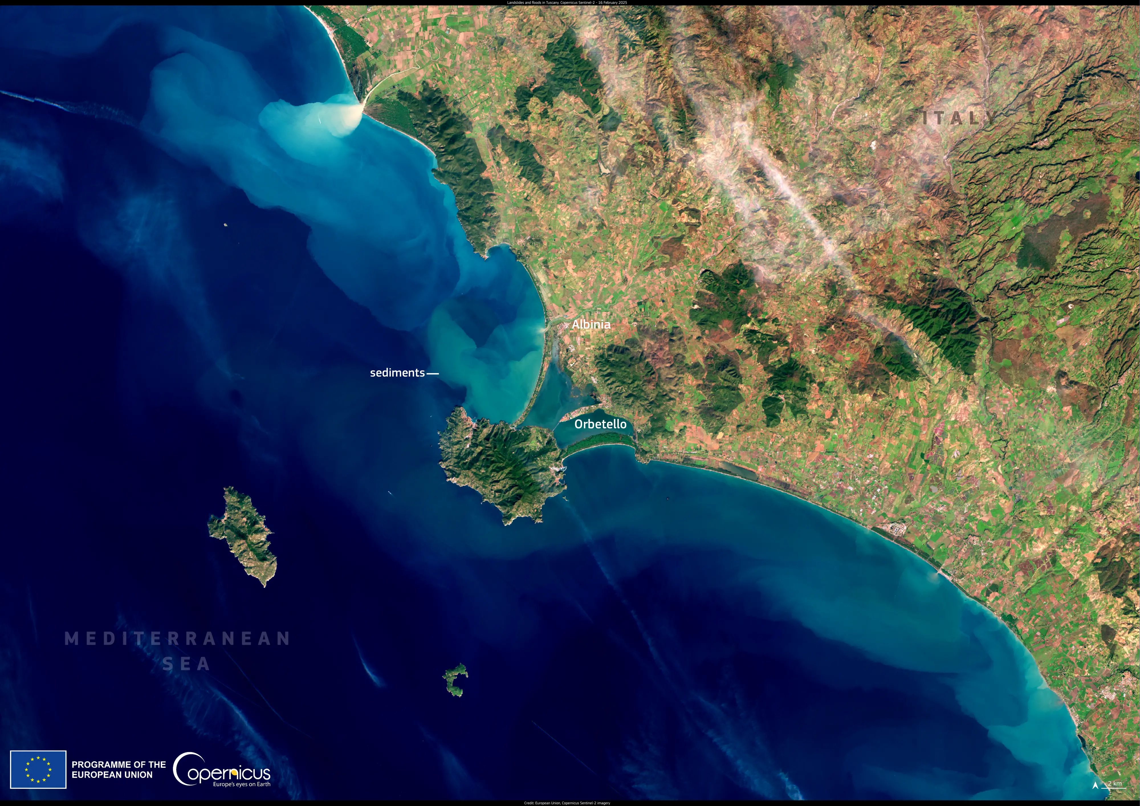 L’immagine dell’alluvione vista dal satellite. Elba, firmato lo stato di emergenza regionale