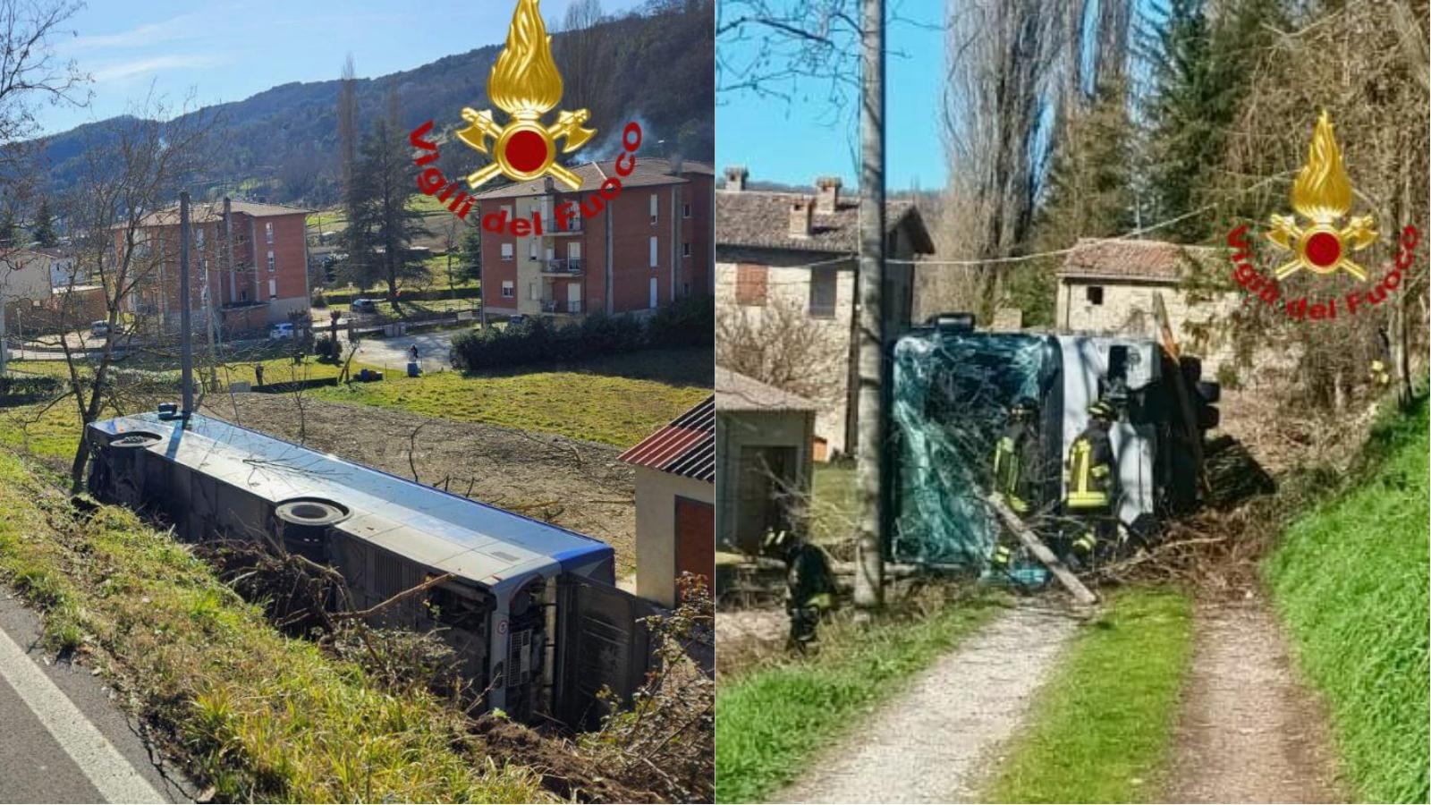 Autobus si ribalta e finisce nella scarpata. Feriti autista e passeggeri