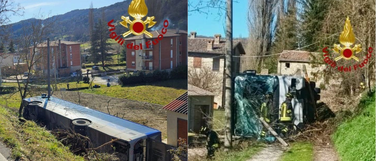 Autobus si ribalta e finisce nella scarpata. Feriti autista e passeggeri