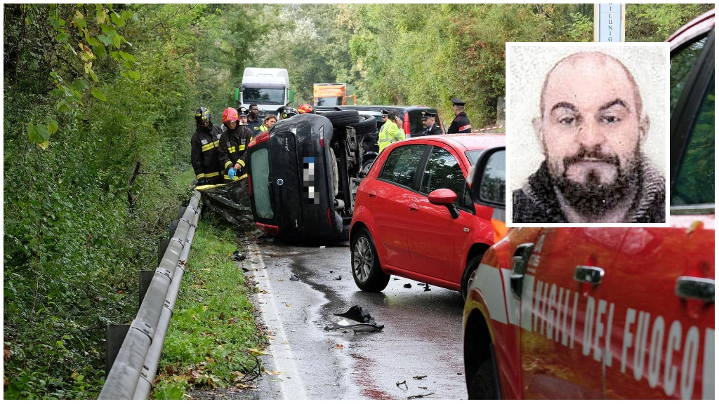 Il drammatico schianto sulla Cisa (Foto servizio Massimo Pasquali). Nel riquadro la vittima Nicola Bernardini